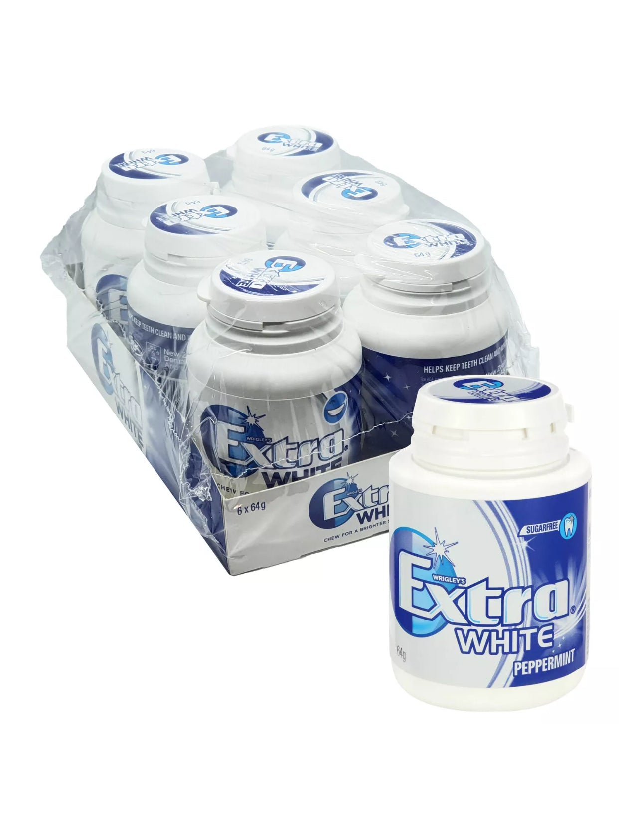 WRIGLEY'S EXTRA WHITE
PEPPERMINT SUGARFREE GUM
6 X 64G BOTTLE
