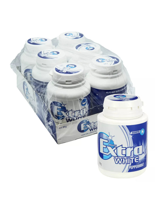 WRIGLEY'S EXTRA WHITE
PEPPERMINT SUGARFREE GUM
6 X 64G BOTTLE