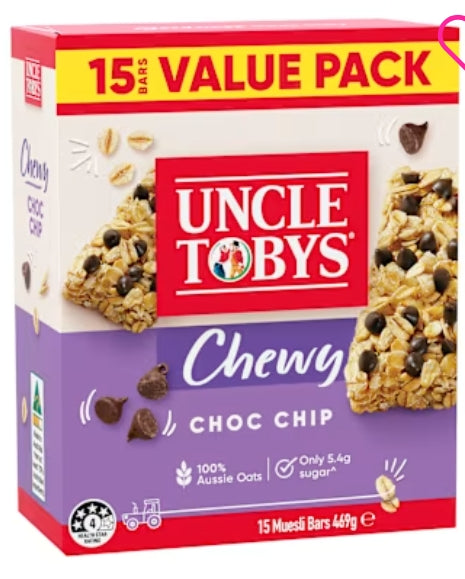 Nestle Uncle Tobys
Nutritional Snacks Choc
Chips Vpck 469g