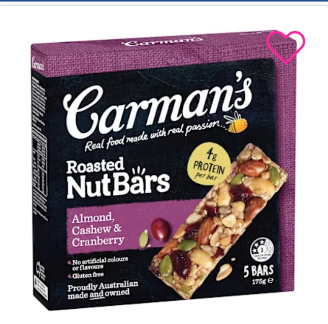 Carmans Nut Bars Almond
Cashew Cranberry 5pk 175g