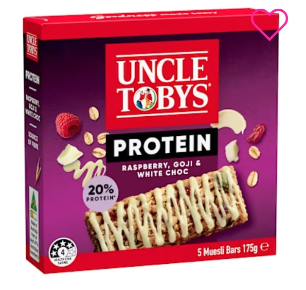 Uncle Tobys Nutritious
Snacks Protein Bar
Raspberry White Chocolate 175g