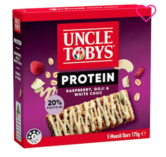 Uncle Tobys Nutritious
Snacks Protein Bar
Raspberry White Chocolate
175g