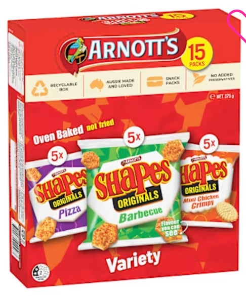 Arnott's Shapes Originals
Variety 15 Multipack Chips
Cracker Biscuits 375g × 6